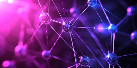 Abstract network of connected spheres with glowing lines in purple and blue light