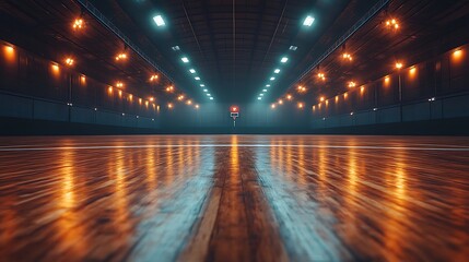 Empty indoor basketball court with glowing lights and reflections on wooden floor polished