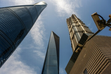 Naklejka premium Looking up at Skyscrapers in Shanghai China