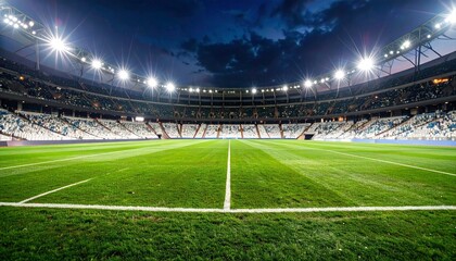 Obraz premium An empty, brightly lit soccer stadium at night with vivid green turf and dramatic floodlights—evoking anticipation, collective memory, and the choreography of national pride before rupture.