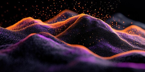 Obraz premium Abstract landscape with purple and orange hues and scattered glowing particles above