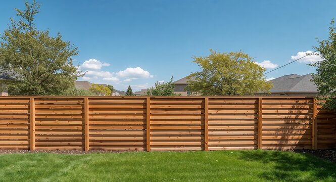A Sunny Outdoor Scene with a Wooden Fence, Trees, and a Clear Blue Sky Overhead.