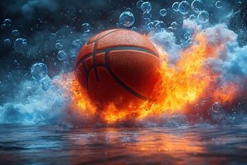 Fototapeta premium Orange basketball engulfed in flames and water splashes with bubbles fire