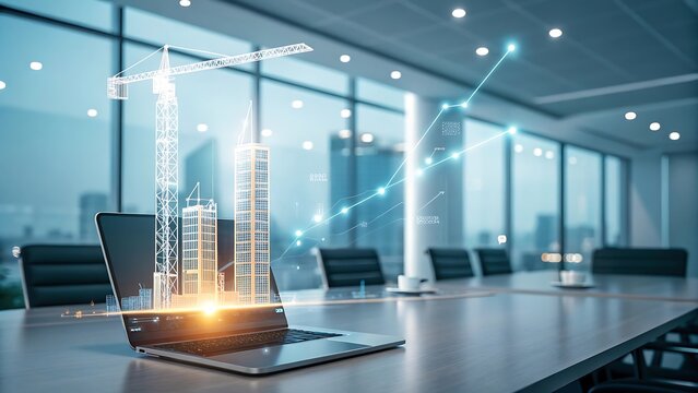 A futuristic blurred office with while glowing construction project rise from the table surface.