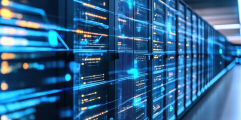 A perspective view of a server room with blue lights and data streams displayed on it