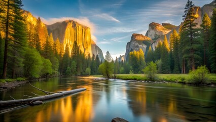 Yosemite Valley Vista: A breathtaking scene unfolds in Yosemite Valley, where majestic granite cliffs and verdant forests are mirrored in the calm waters of the river, creating a sense of tranquility.