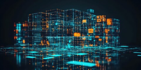 Abstract digital city with glowing cubes and lines on a reflective surface in dark setting