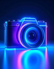 Neon camera on dark reflective surface