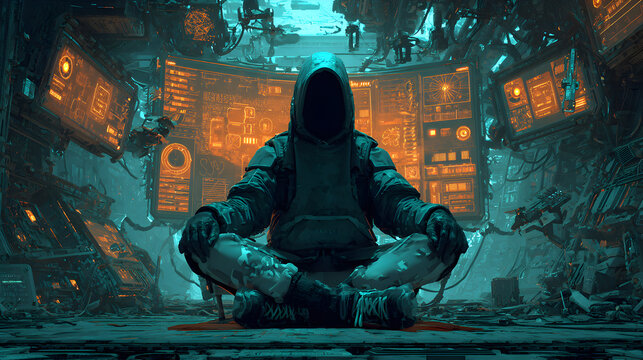 Hooded Hacker Sitting in a High-Tech Room
