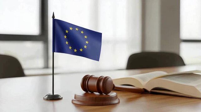 European Union law in session: gavel and open book on wooden desk with flag, symbolizing justice and legal proceedings