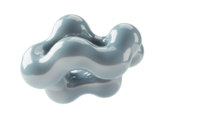 Abstract 3D metallic pearlescent form with silver, teal, lavender sheen, dynamic flowing contours, transparent background, high-key light, concept of future technology and AI