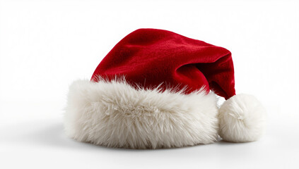 Christmas cap red velvet with white fur isolated on white background