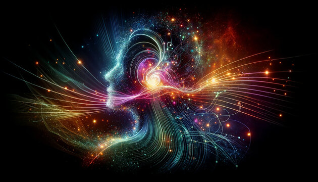 abstract and vibrant profile of a human head filled with swirling, colorful light patterns and cosmic elements. intersection of human consciousness, creativity, and the vastness of the universe