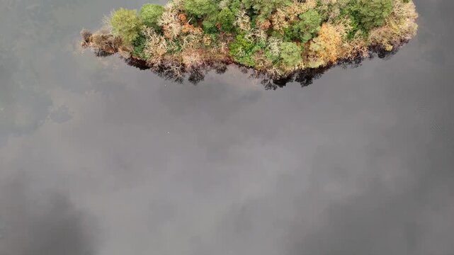 Aerial view of a tranquil island covered in lush greenery and trees, surrounded by calm, gray water. Autumn of Rydal water in the Lake District Cumbria England. Calm, peaceful, gentle movement. 
