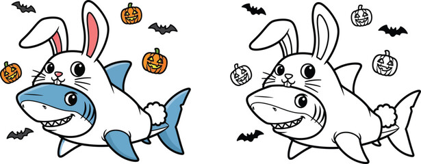 Cute cartoon shark wearing a bunny rabbit costume for Halloween, with pumpkins and bats. Vector illustration and coloring page.