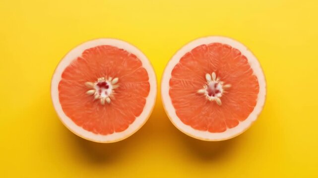 Vibrant juicy grapefruit halves transition on bright yellow background