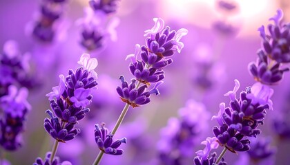 Fototapeta premium Close-up view of vibrant lavender blossoms in soft focus, showcasing intricate details and a beautiful spectrum of purples and pinks.