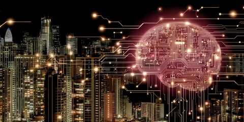 Cityscape with glowing buildings and an overlay of a circuit board brain design