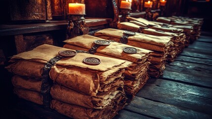Ancient scrolls and documents illuminated by candlelight conjure mystery and history
