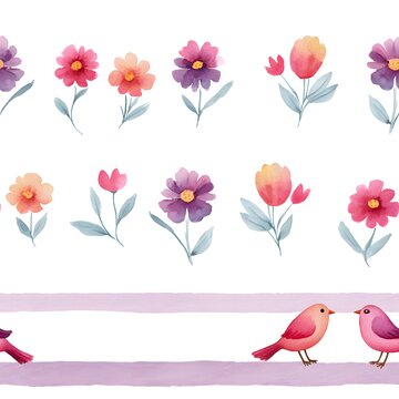 Watercolor border design with pink birds and flowers &mdash; romantic and whimsical horizontal pattern for textiles, packaging, stationery, and decor