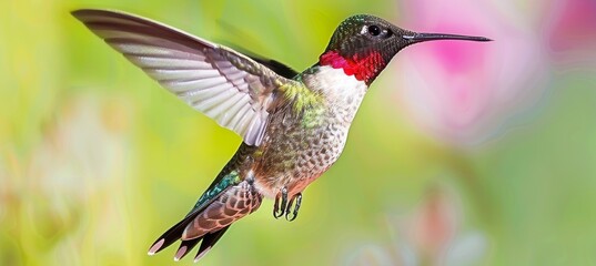 Fototapeta premium Hummingbird in mid flight hovering above a vibrant flower, capturing nature s beauty