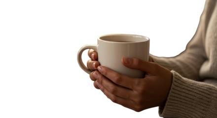 Diverse hands gently cupping a minimalist ceramic mug with rising steam, against a soft blurred indoor background with bokeh and golden hour light, concept of quiet well-being