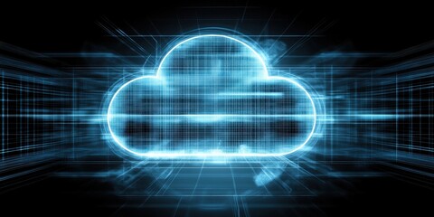 A glowing blue cloud formed by lines and grids against a dark background with lines