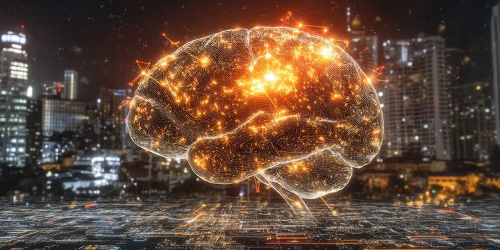 Illuminated brain hologram over a futuristic city at night with glowing connections