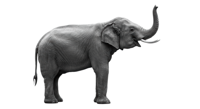 Adult African elephant, full-body side-profile, textured hide, trunk raised, isolated on pristine transparent, shadowless studio background. Concept for business strength and leadership