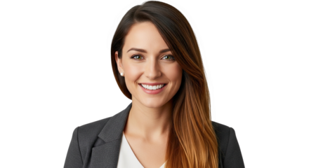 Confident businesswoman smiles brightly, radiating success and professionalism, perfect for corporate branding and inspirational leadership messages