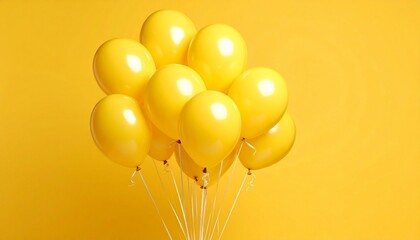A cluster of ten yellow balloons floating against a yellow backdrop—evoking joy, emotional buoyancy, and the choreography of collective release in a monochromatic ritual of celebration.