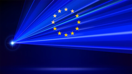 European Union laser flag. Laser show on dark blue background. EU abstract flag. Multicolor template of banner, poster for the european union holiday. Place for text. Copy space. Vector illustration © valerybrozhinsky