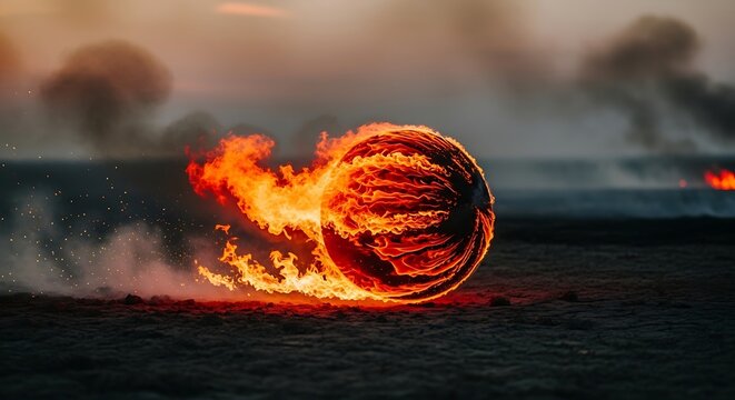 Fiery Orb Rolling Across a Dark Landscape, Abstract Destruction Concept