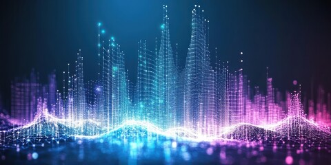 Abstract digital landscape with connected dots and lines against a dark background