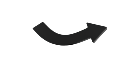 A sleek, pristine black curved 3D arrow with a matte finish, photographed as a minimalist studio product shot on a transparent high-key background. Concept of digital progress and connectivity