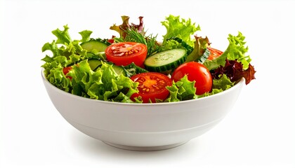 Fresh salad sits in white bowl on clean white surface, showcasing vibrant colors and healthy ingredients for a wholesome and appetizing meal.
