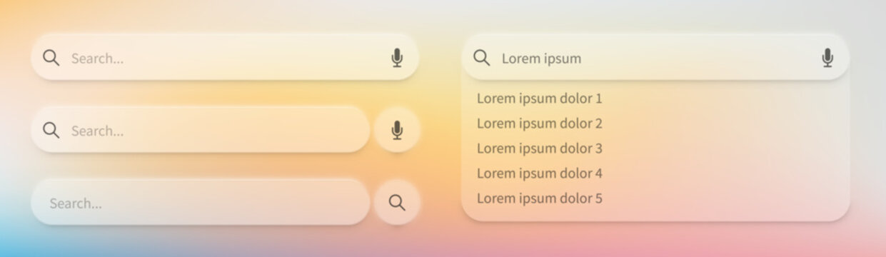 Vector search bar UI kit in neumorphic style with microphone and magnifying glass icons, dropdown results and rounded input fields adjusting to background colors for web and mobile apps