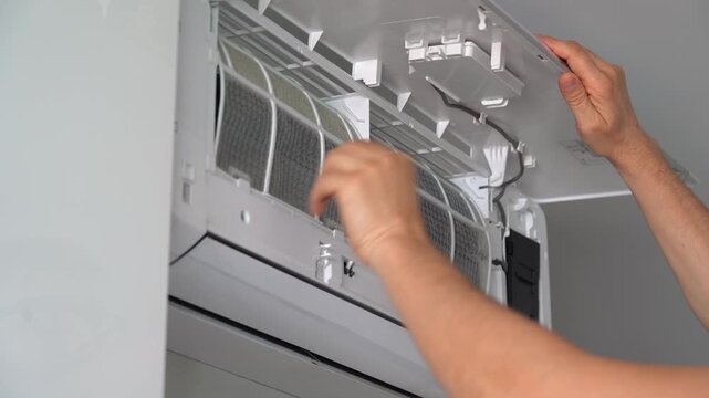 Air conditioning maintenance. Hands of repairman change cleaning filter in air conditioner. Purification and repair of cooling system