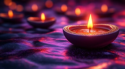 Close up of a lit diya oil lamp on a textured purple surface with bokeh lights flame