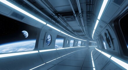 Obraz premium Futuristic Space Corridor with Earthly View through Windows in a Sci-Fi Setting