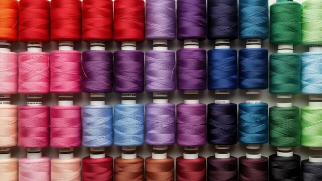 Rows of colorful thread spools arranged in a neat, vibrant display