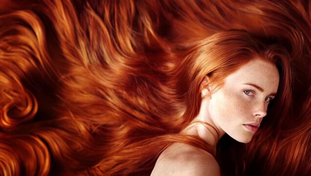 Young beautiful woman with long shiny silky ginger red redhead hairstyle during fashion shoot on black background.AI Generative.