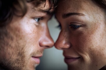 Obraz premium Intimate close-up of a couple sharing a tender moment, showcasing love and connection.