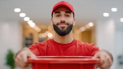 A cheerful delivery man in a red uniform smiling while holding a container.