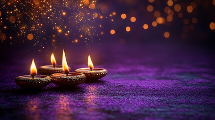 Four lit diyas on a sparkling purple surface with golden bokeh lights oil lamp candle