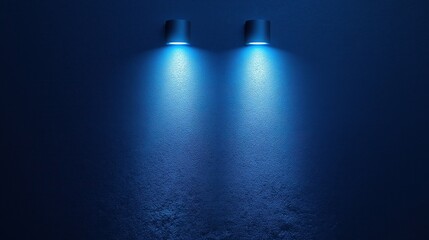 Two blue spotlights illuminating a wall against a dark background, creating a dramatic contrast and modern ambiance