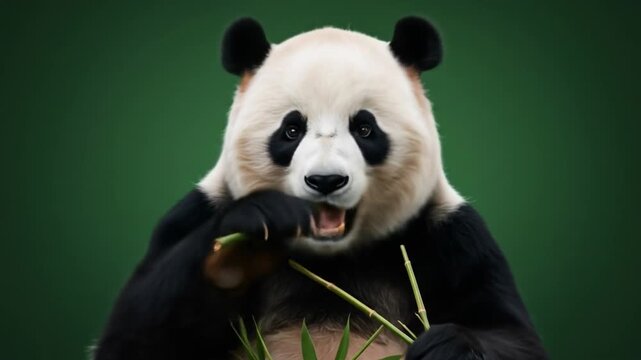 Young panda bear holding bamboo and eating in natural green background