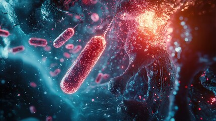Microscopic View of Bacteria Cells with Flagella, Scientific Visualization of Pathogens, Medical Research and Microbiology Concept, Glowing Red and Blue