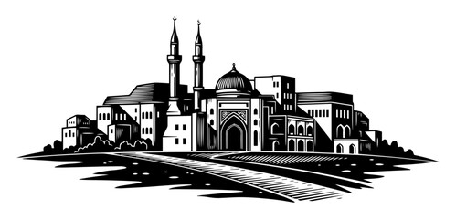 Islamic city skyline vector engraving illustration