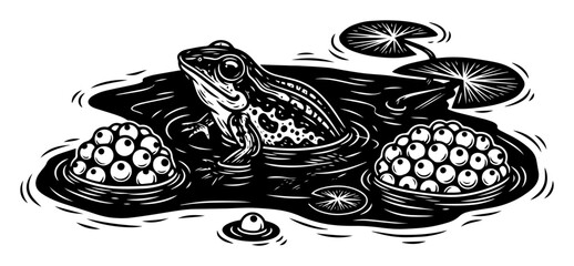 Frog with eggs in pond vector engraving illustration
